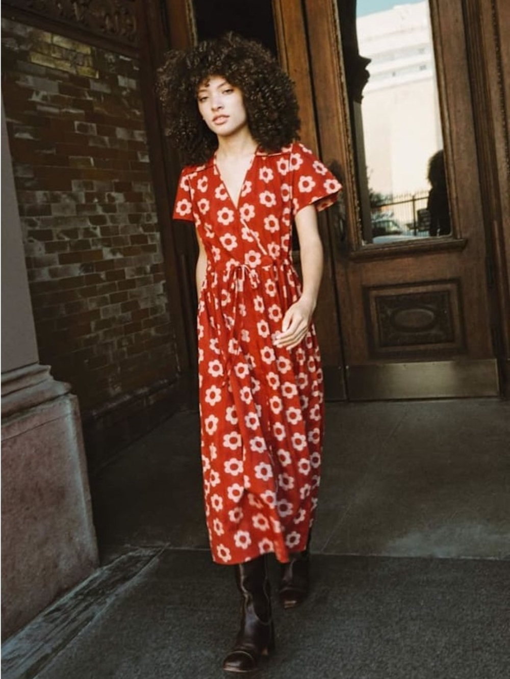 Christy Dawn Crimson Daisy Print Floral Wrap Dress